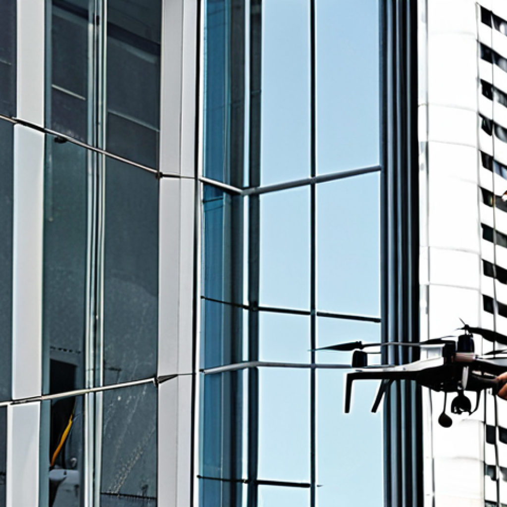 **Image Prompt:** A modern building facade undergoing inspection. Focus on a drone inspecting a high-rise glass facade for cracks and wear, with maintenance workers visible below. Emphasize preventative maintenance and building longevity.