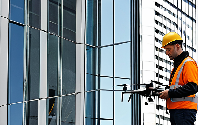 **Image Prompt:** A modern building facade undergoing inspection. Focus on a drone inspecting a high-rise glass facade for cracks and wear, with maintenance workers visible below. Emphasize preventative maintenance and building longevity.