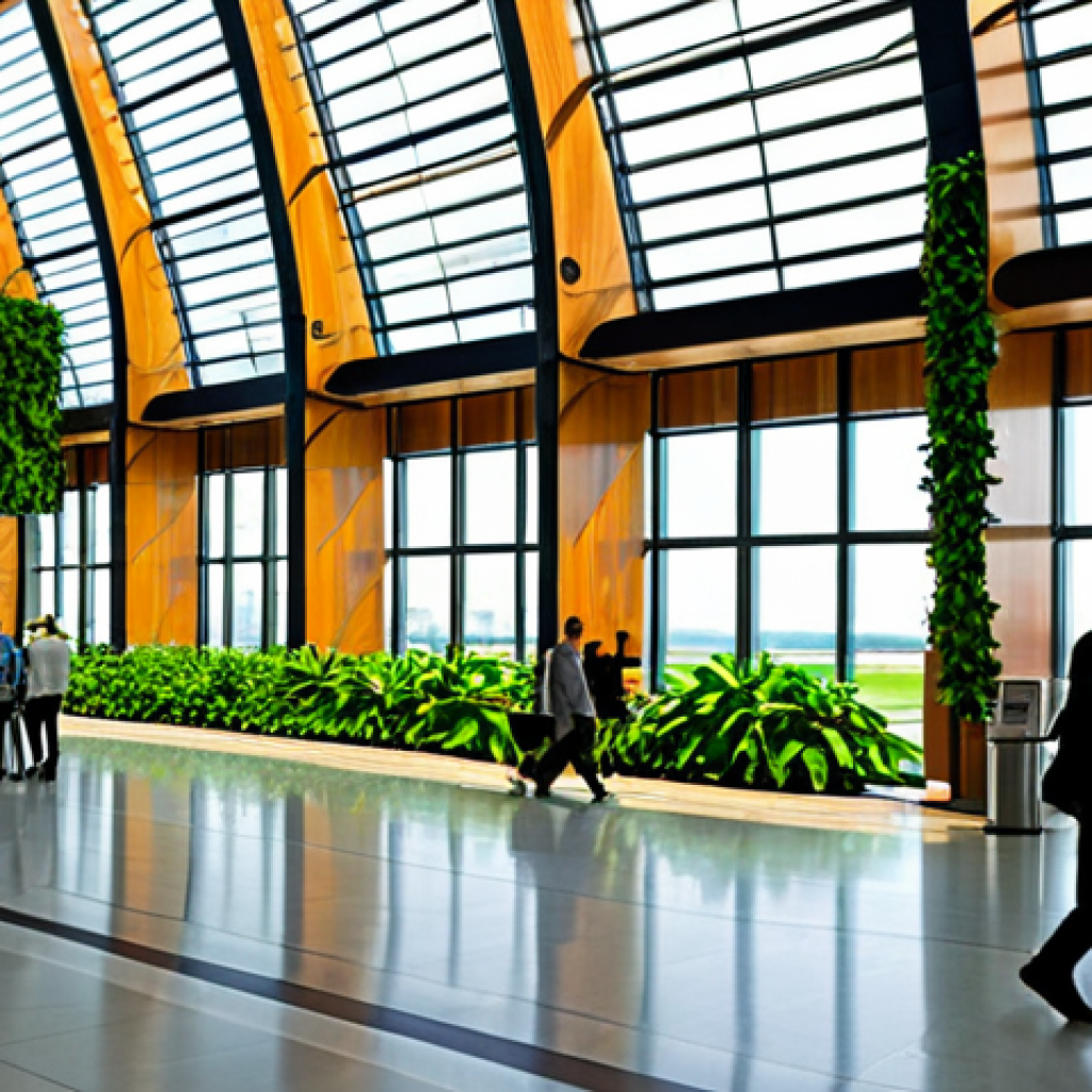 Modern Airport Terminal - Sustainability Focus**

"A bright, modern airport terminal interior, featuring extensive use of natural wood paneling and a large vertical garden wall filled with lush green plants. Passengers are walking through the terminal, all fully clothed in appropriate attire. Large windows provide ample natural light.  Safe for work, appropriate content, fully clothed, professional, perfect anatomy, natural proportions, high quality, sustainable design."

**