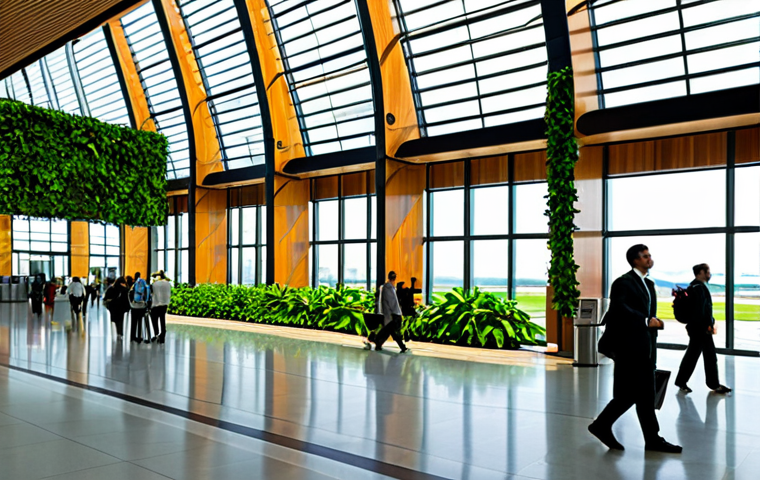Modern Airport Terminal - Sustainability Focus**
"A bright, modern airport terminal interior, featuring extensive use of natural wood paneling and a large vertical garden wall filled with lush green plants. Passengers are walking through the terminal, all fully clothed in appropriate attire. Large windows provide ample natural light. Safe for work, appropriate content, fully clothed, professional, perfect anatomy, natural proportions, high quality, sustainable design."
**