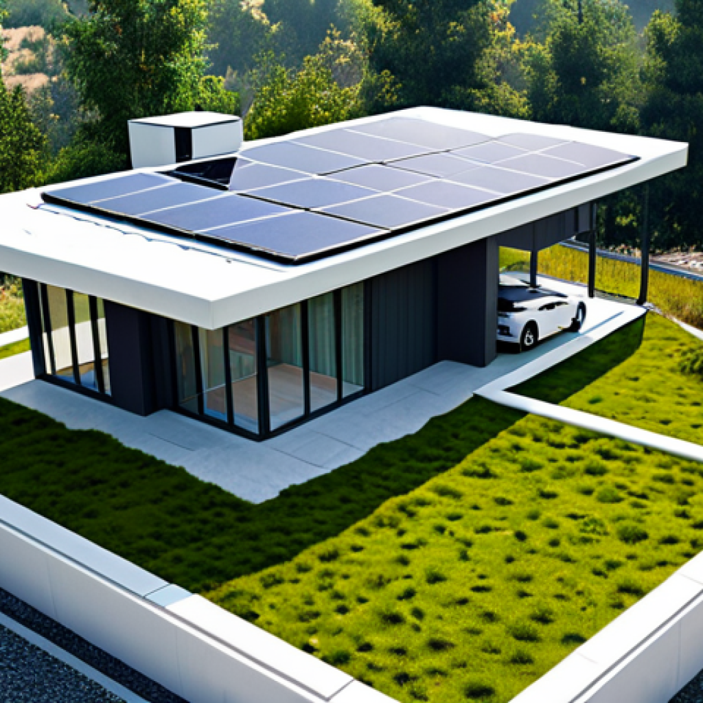 현대건축물 에너지 효율 건축 - "A modern house featuring a green roof with solar panels and a rainwater harvesting system, surround...