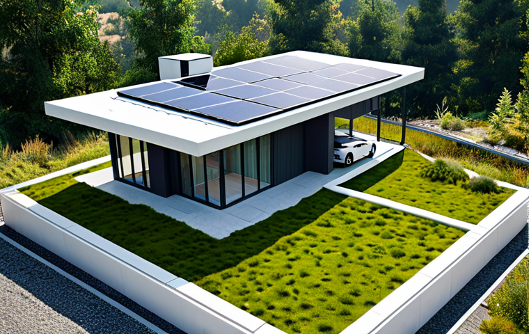 현대건축물 에너지 효율 건축 - "A modern house featuring a green roof with solar panels and a rainwater harvesting system, surround...