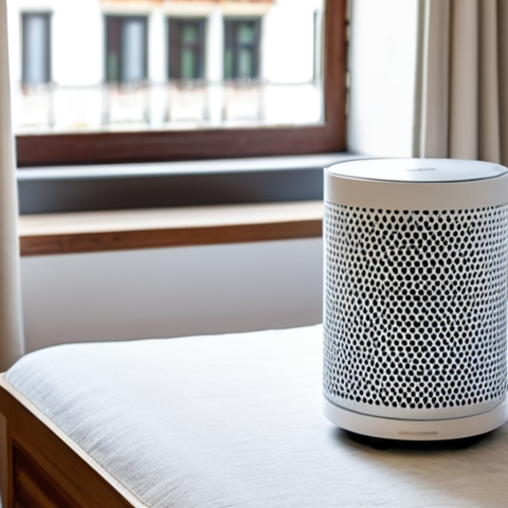 현대건축물 공기 정화 시스템 - Portable Air Purifier in a Lisbon Hotel Room**

"A modern portable air purifier sits on a bedside ta...