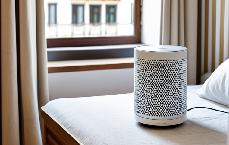 현대건축물 공기 정화 시스템 - Portable Air Purifier in a Lisbon Hotel Room**

"A modern portable air purifier sits on a bedside ta...