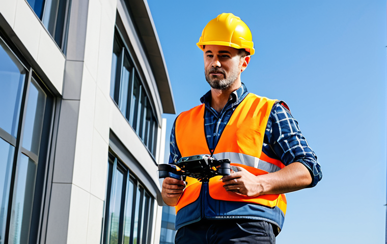 현대건축물 빌딩 내 드론 활용 - Building Inspection**

"A professional engineer wearing a hard hat and safety vest, using a drone to...