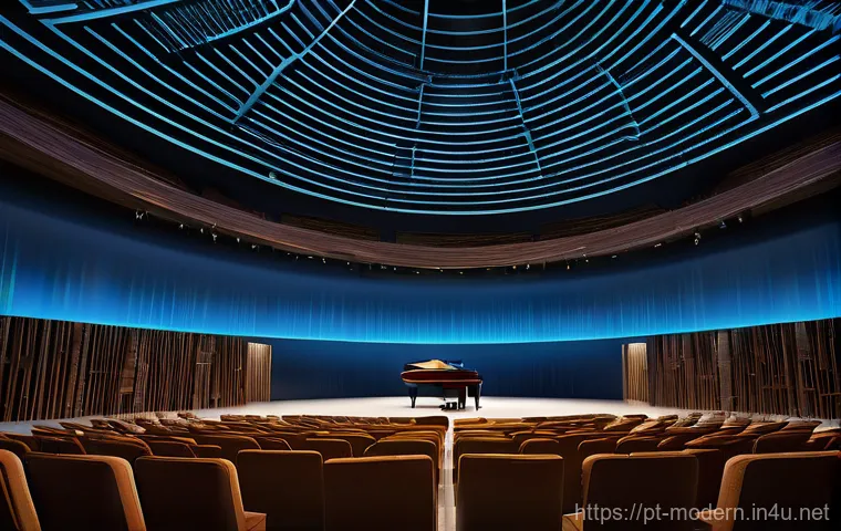 현대건축물 방음 건축 기술 - Here are three detailed image prompts, written in English, based on the provided text about acoustic...
