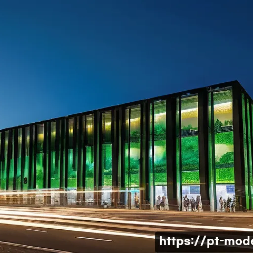 현대건축물 스마트 시티와 연계 - A vibrant, modern cityscape in Portugal, bathed in the soft glow of dusk. Adaptive streetlights gent...