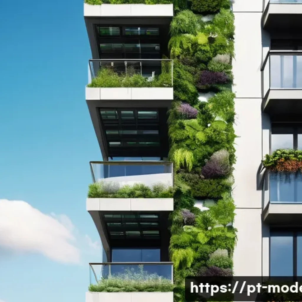 현대건축물 도시 공원과 조화 - A modern urban building with extensive vertical gardens covering its facade, featuring lush green pl...