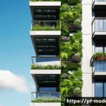 Home 21 현대건축물 도시 공원과 조화 - A modern urban building with extensive vertical gardens covering its facade, featuring lush green pl...