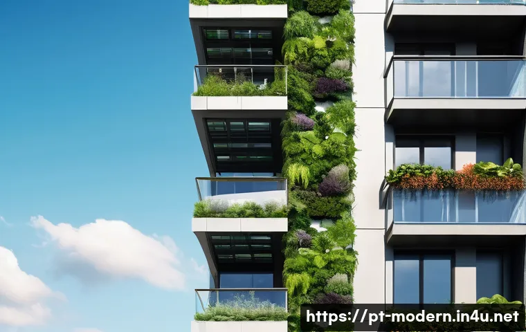현대건축물 도시 공원과 조화 - A modern urban building with extensive vertical gardens covering its facade, featuring lush green pl...