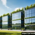 Home 20 현대건축물 기후 변화 대응 건축 - A modern urban commercial building with integrated renewable energy systems: sleek glass facade embe...