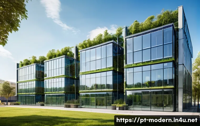 현대건축물 기후 변화 대응 건축 - A modern urban commercial building with integrated renewable energy systems: sleek glass facade embe...