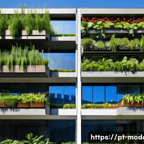 Home 31 현대건축물 수직 농장 건축 - A modern urban vertical farm integrated into a São Paulo residential building facade, featuring lush...