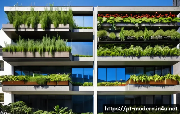현대건축물 수직 농장 건축 - A modern urban vertical farm integrated into a S&atilde;o Paulo residential building facade, featuring lush...