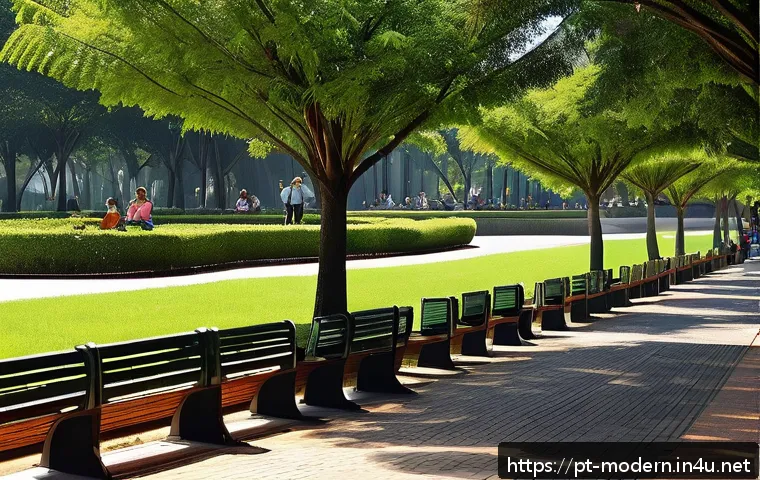 현대건축물 도심 속 자연 공간 - A vibrant urban park in S&atilde;o Paulo during a sunny day, featuring lush native Brazilian plants, mature...