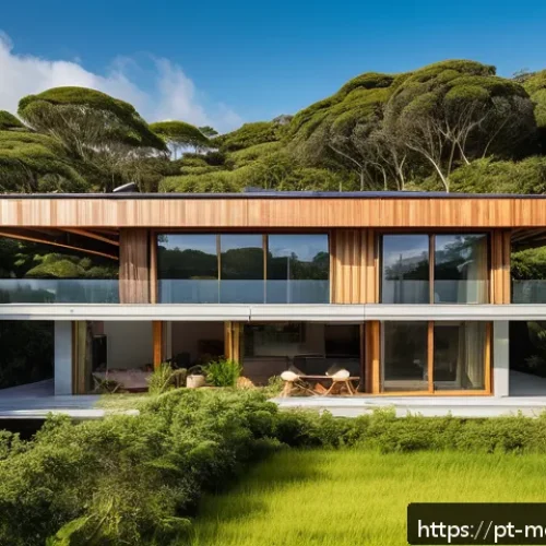 Home 17 현대건축물 에너지 절약 건축법 - A modern sustainable residential building exterior in a warm Brazilian climate, featuring integrated...