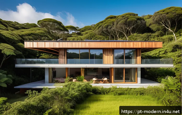 현대건축물 에너지 절약 건축법 - A modern sustainable residential building exterior in a warm Brazilian climate, featuring integrated...