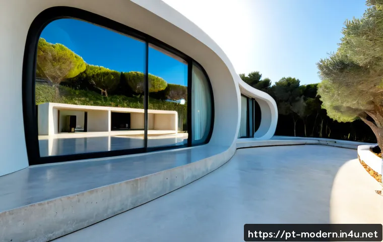 현대건축물 3D 프린팅 건축 - Photorealistic wide-angle view of a pioneering 3D-printed modern house on the outskirts of Lisbon, P...